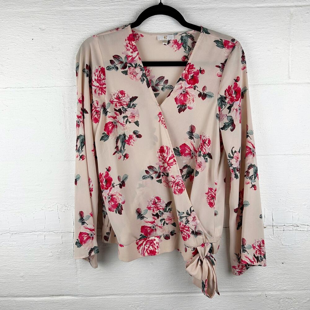 Cato Women's Dusty Pink Floral Wrap Top – Tie Front & Dolman Sleeves, Size M